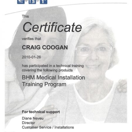 BHM Medical Installation Training Program 2009 Certificate.