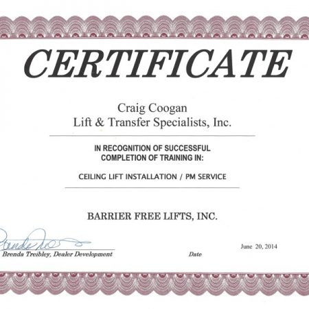 Barrier Free Lifts, Inc. Ceiling Lift Training 2014 Certificate
