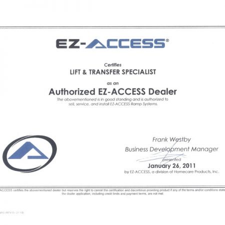 Authorized EZ-Access Dealer 2011 Certificate.
