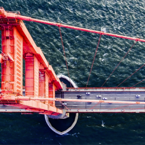 Overhead view of Golden Gate Bridge.