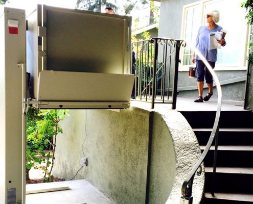 Bruno Vertical Platform Lift positioned at outdoor 2nd floor access in Berkeley, CA.