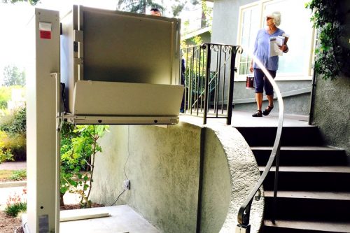 Bruno Vertical Platform Lift positioned at outdoor 2nd floor access in Berkeley, CA.