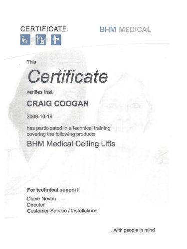 BHM Medical Ceiling Lifts 2009 Training Certificate.