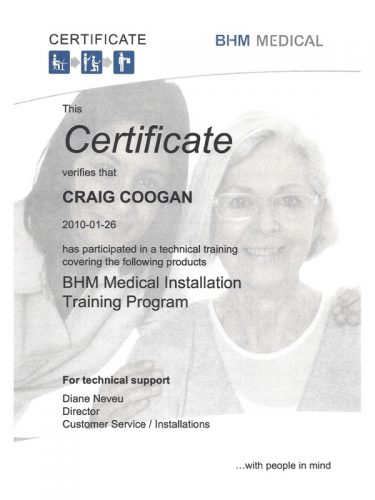 BHM Medical Installation Training Program 2009 Certificate.