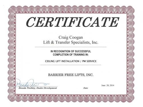 Barrier Free Lifts, Inc. Ceiling Lift Training 2014 Certificate