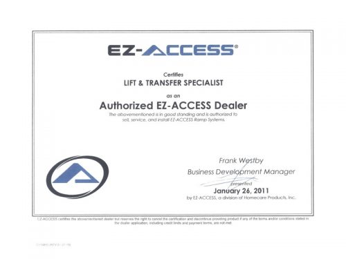Authorized EZ-Access Dealer 2011 Certificate.